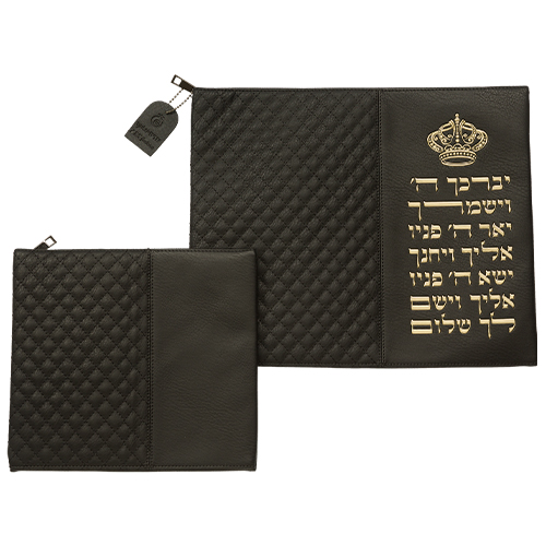 סט טלית תפילין דמוי עור שחור אותיות בולטות "ויברכך" זהב