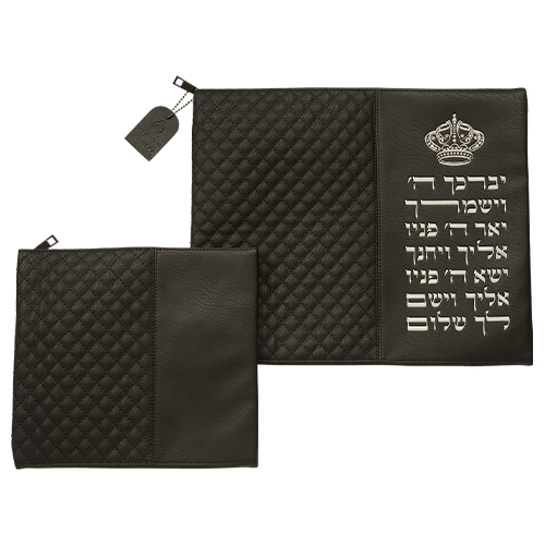 סט טלית תפילין דמוי עור שחור אותיות בולטות "ויברכך" כסף