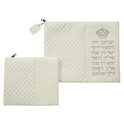 סט טלית תפילין דמוי עור לבן אותיות בולטות "ויברכך" כסף