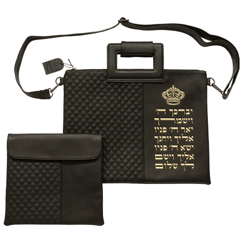 תיק מפואר לטלית, אותיות בולטות "ויברכך" זהב, דמוי עור שחור